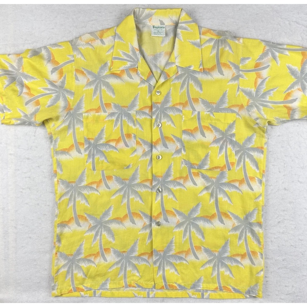 Tropicana Yellow Palm Tree Hawaiian Button Up Shirt Men's Small‎ Aloha Beach